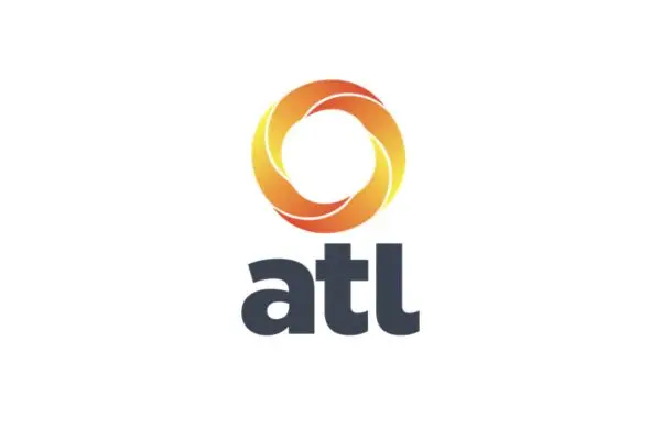 Orange and yellow circular swirl logo with lowercase letters ‘atl’ in bold grey type below
