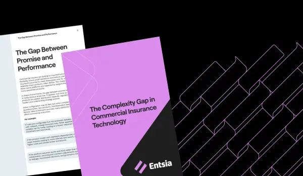 A black tile with a purple rectangle and the words The Complexity Gap in Commercial Insurance Technology
